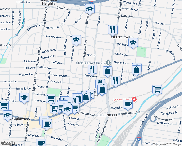 map of restaurants, bars, coffee shops, grocery stores, and more near 7125 South Street in Maplewood