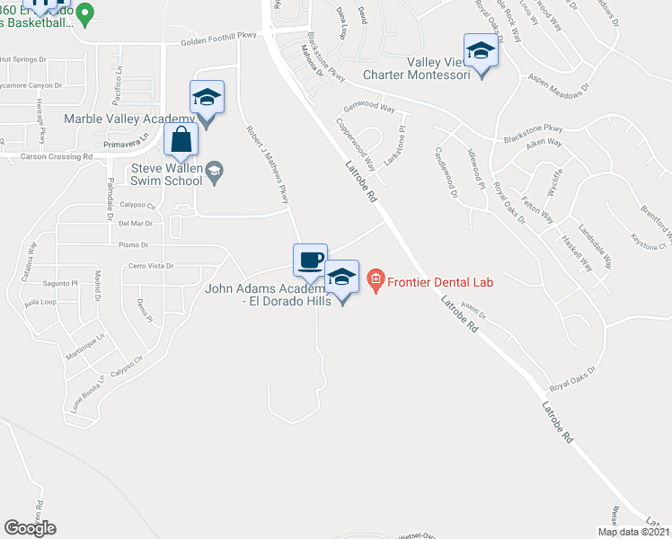 map of restaurants, bars, coffee shops, grocery stores, and more near 1100 Investment Boulevard in El Dorado Hills