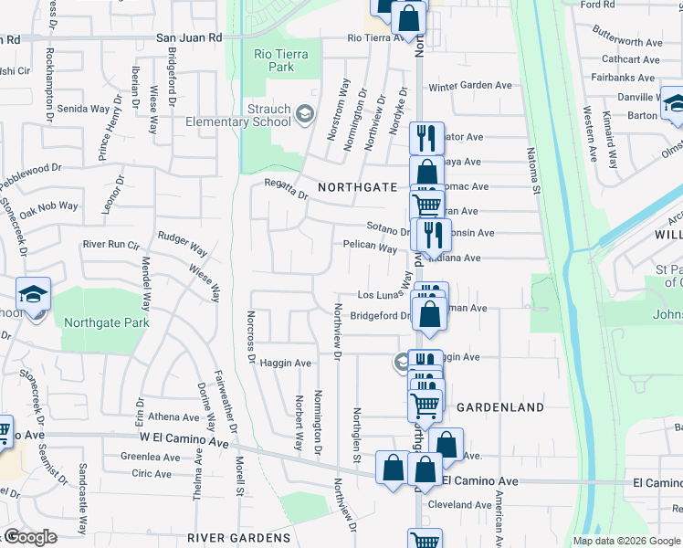map of restaurants, bars, coffee shops, grocery stores, and more near 19 Penasco Court in Sacramento