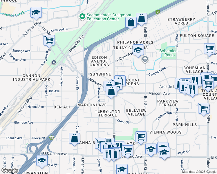 map of restaurants, bars, coffee shops, grocery stores, and more near 2133 Marconi Avenue in Sacramento