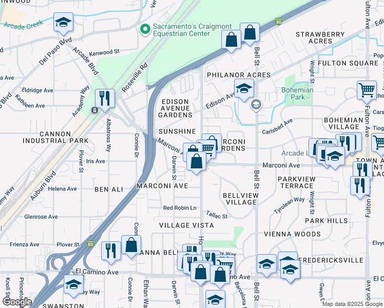 map of restaurants, bars, coffee shops, grocery stores, and more near 2133 Marconi Avenue in Sacramento