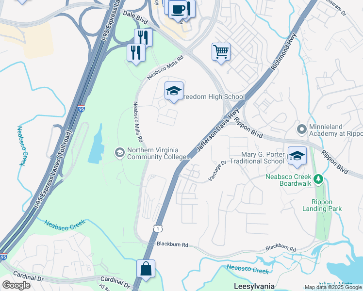 map of restaurants, bars, coffee shops, grocery stores, and more near 15328 Jefferson Davis Highway in Woodbridge