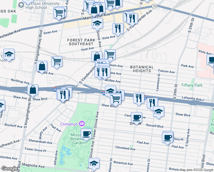 map of restaurants, bars, coffee shops, grocery stores, and more near 4253 Lafayette Avenue in St. Louis