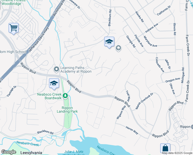 map of restaurants, bars, coffee shops, grocery stores, and more near 15393 Grist Mill Terrace in Woodbridge