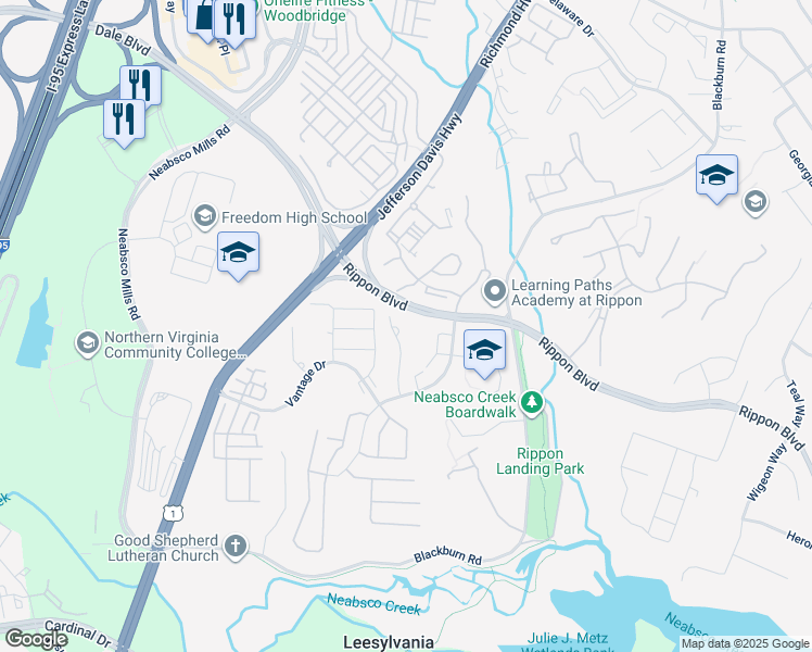 map of restaurants, bars, coffee shops, grocery stores, and more near 15335 Gatehouse Terrace in Woodbridge