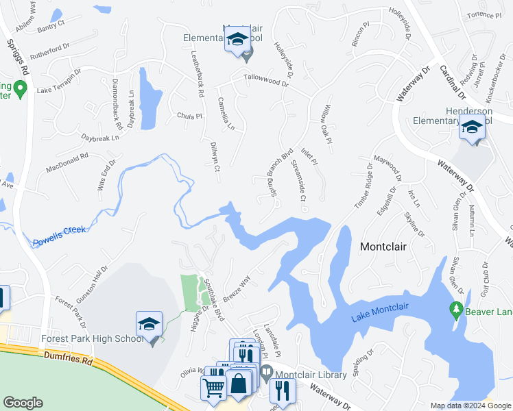 map of restaurants, bars, coffee shops, grocery stores, and more near 15433 Beachwater Court in Montclair