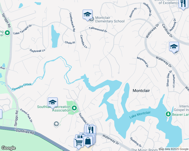 map of restaurants, bars, coffee shops, grocery stores, and more near 15433 Beachwater Court in Montclair