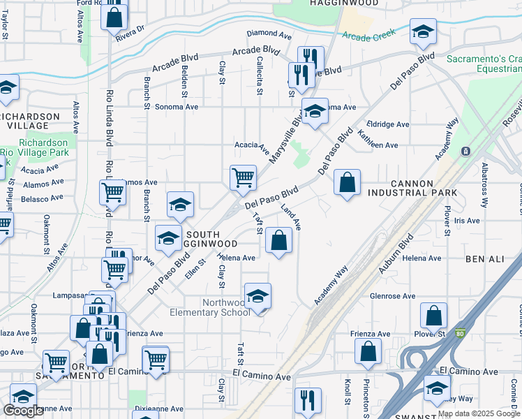 map of restaurants, bars, coffee shops, grocery stores, and more near 2912 Del Paso Boulevard in Sacramento