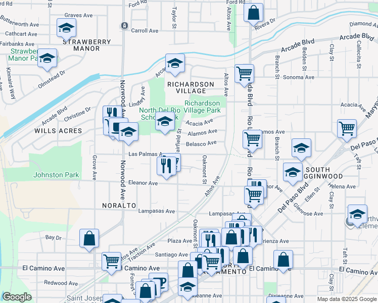 map of restaurants, bars, coffee shops, grocery stores, and more near 631 Las Palmas Avenue in Sacramento
