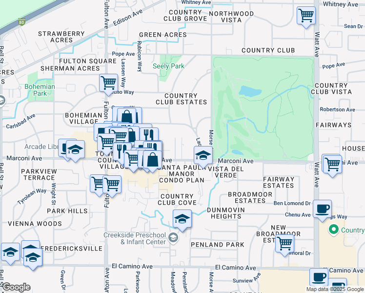 map of restaurants, bars, coffee shops, grocery stores, and more near 2927 Marconi Avenue in Sacramento