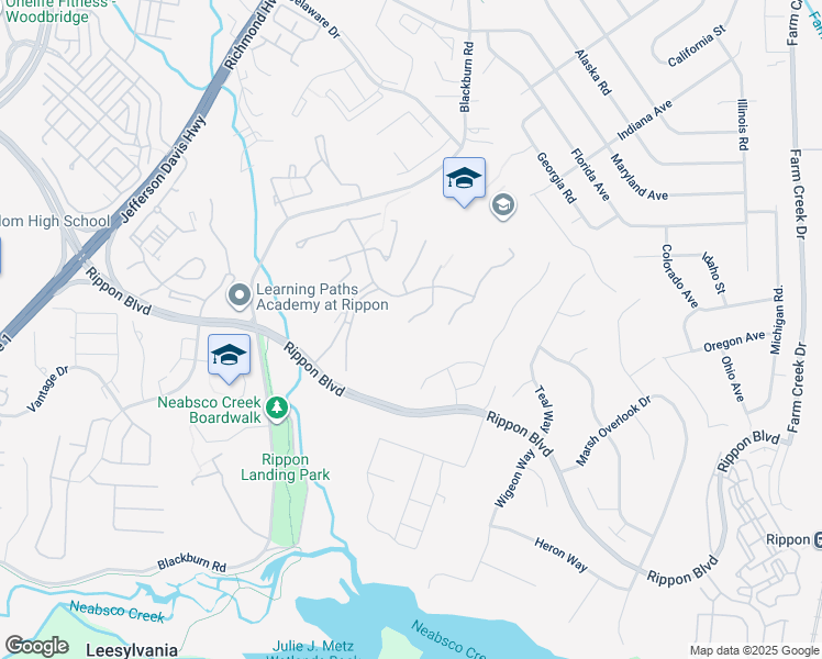map of restaurants, bars, coffee shops, grocery stores, and more near 15393 Grist Mill Terrace in Woodbridge