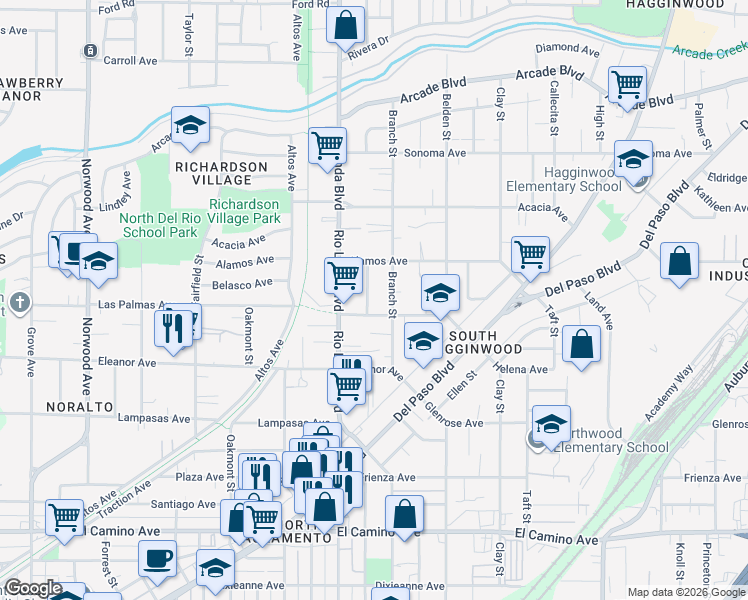 map of restaurants, bars, coffee shops, grocery stores, and more near 2826 Poquita Street in Sacramento