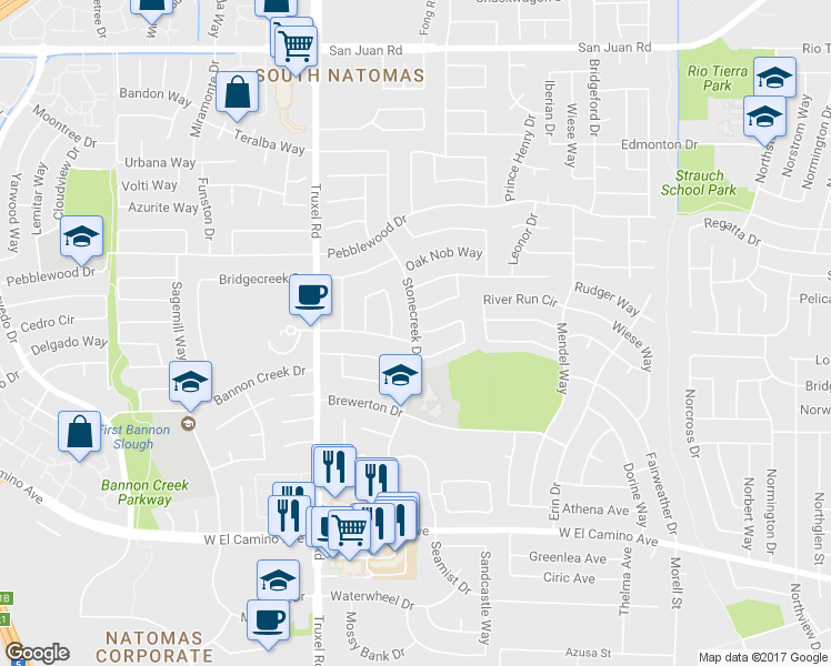 map of restaurants, bars, coffee shops, grocery stores, and more near Stonecreek Dr & Nutwood Cir in Sacramento