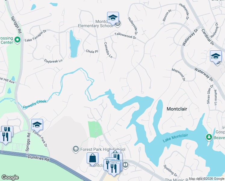 map of restaurants, bars, coffee shops, grocery stores, and more near 15010 Cardinal Drive in Dumfries