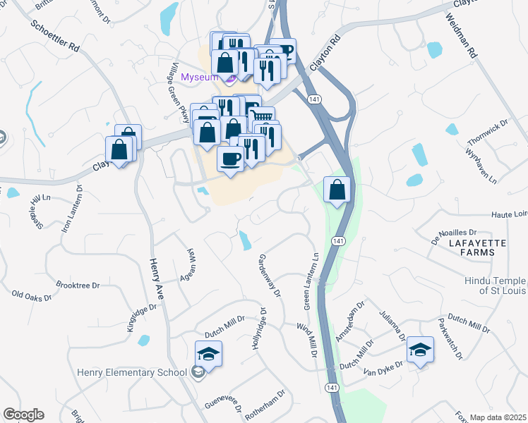 map of restaurants, bars, coffee shops, grocery stores, and more near 750 Clubhouse Drive in Ballwin