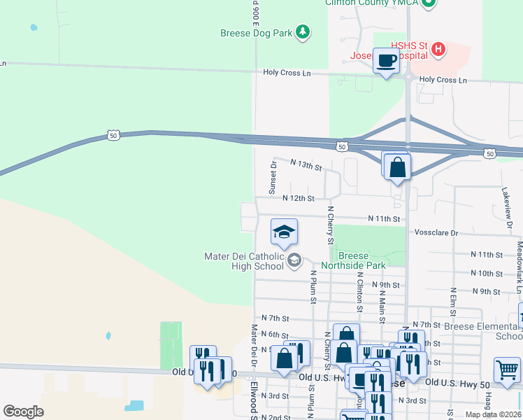 map of restaurants, bars, coffee shops, grocery stores, and more near 11 North 11th Street in Breese