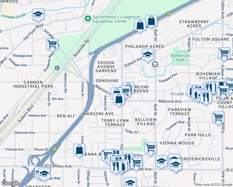 map of restaurants, bars, coffee shops, grocery stores, and more near 2133 Marconi Avenue in Sacramento