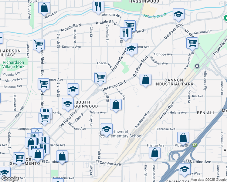 map of restaurants, bars, coffee shops, grocery stores, and more near 2933 Land Avenue in Sacramento