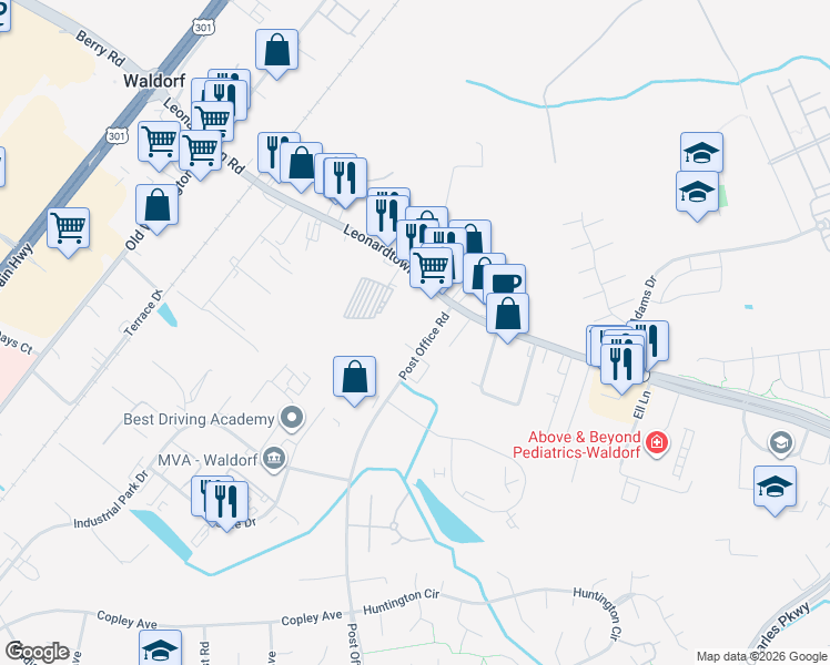 map of restaurants, bars, coffee shops, grocery stores, and more near 6 Post Office Road in Waldorf