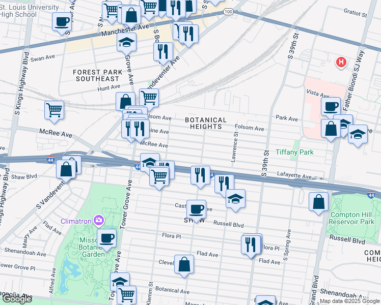 map of restaurants, bars, coffee shops, grocery stores, and more near 4108 McRee Avenue in St. Louis