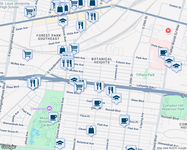 map of restaurants, bars, coffee shops, grocery stores, and more near 4148 McRee Avenue in St. Louis