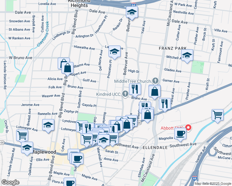 map of restaurants, bars, coffee shops, grocery stores, and more near 7235 Bruno Avenue in Maplewood