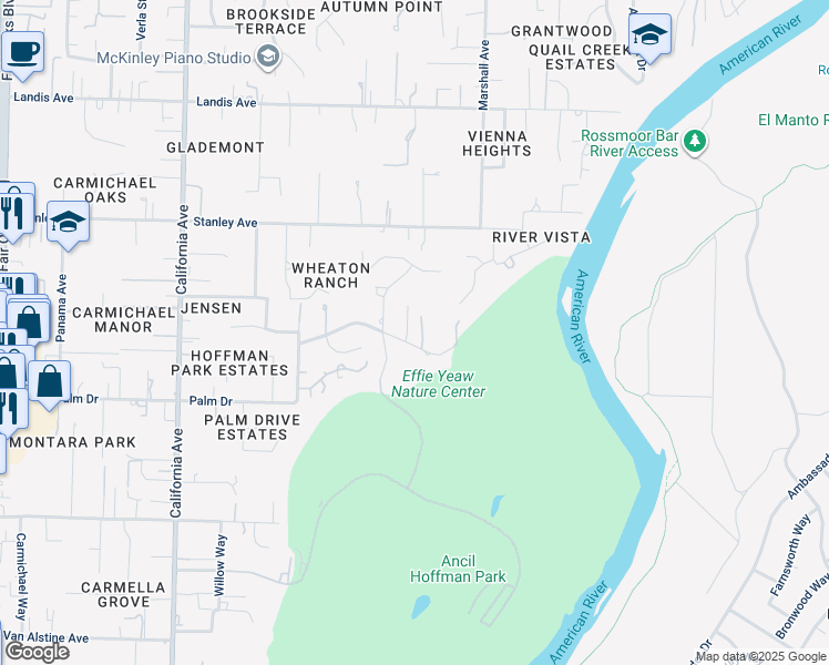 map of restaurants, bars, coffee shops, grocery stores, and more near 3006 Scenic Heights Way in Carmichael