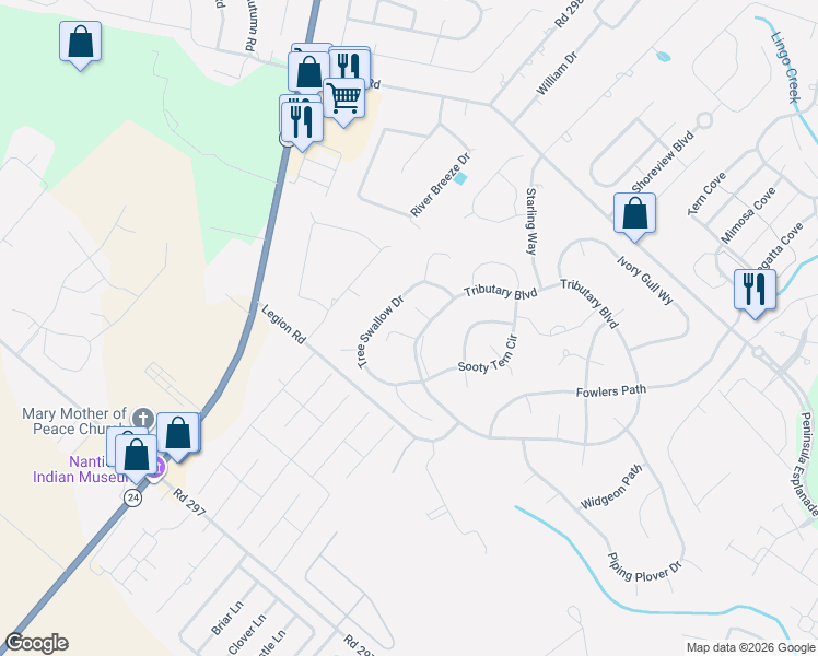 map of restaurants, bars, coffee shops, grocery stores, and more near 29317 Gannet Court in Millsboro