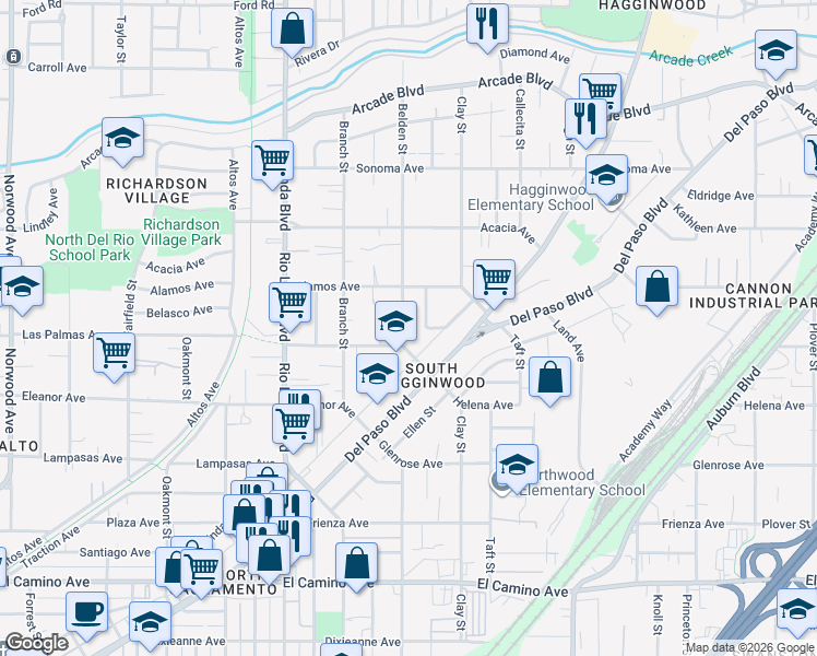 map of restaurants, bars, coffee shops, grocery stores, and more near 2836 Belden Street in Sacramento