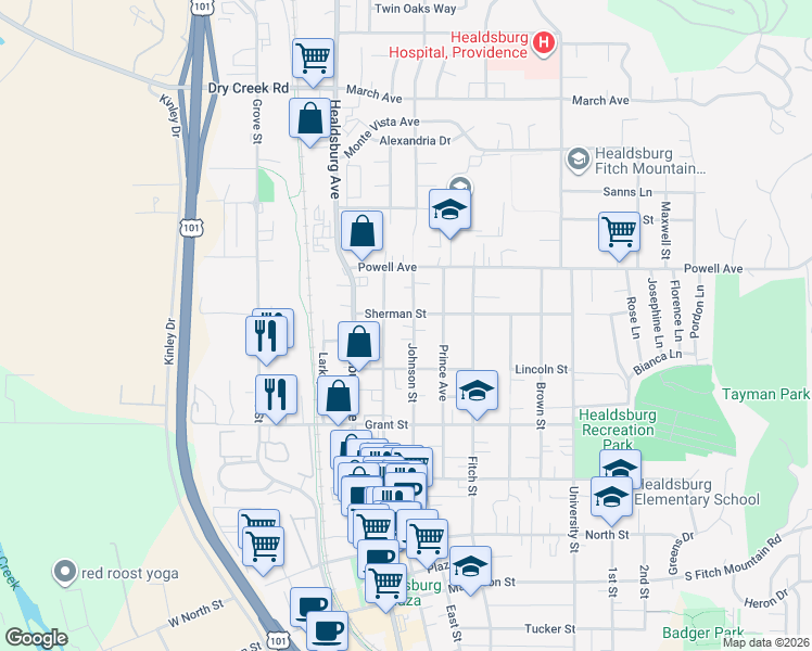 map of restaurants, bars, coffee shops, grocery stores, and more near in Healdsburg