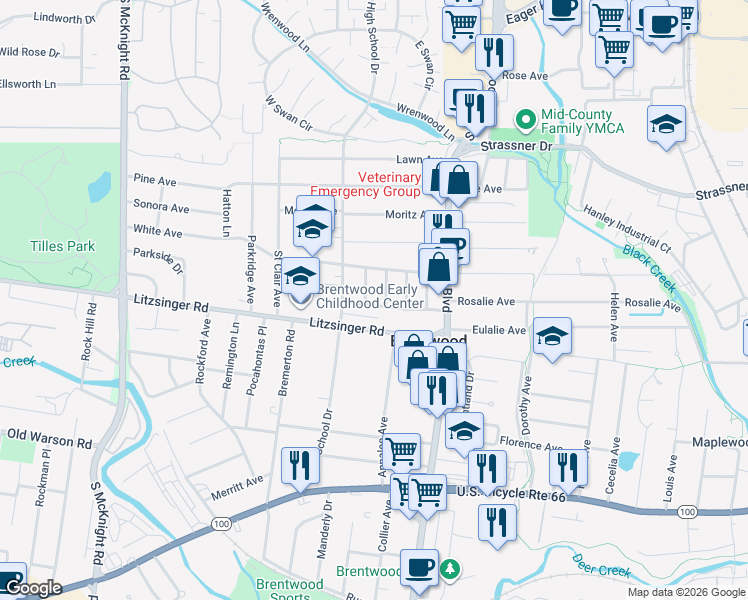 map of restaurants, bars, coffee shops, grocery stores, and more near 2326 Hilton Avenue in Brentwood