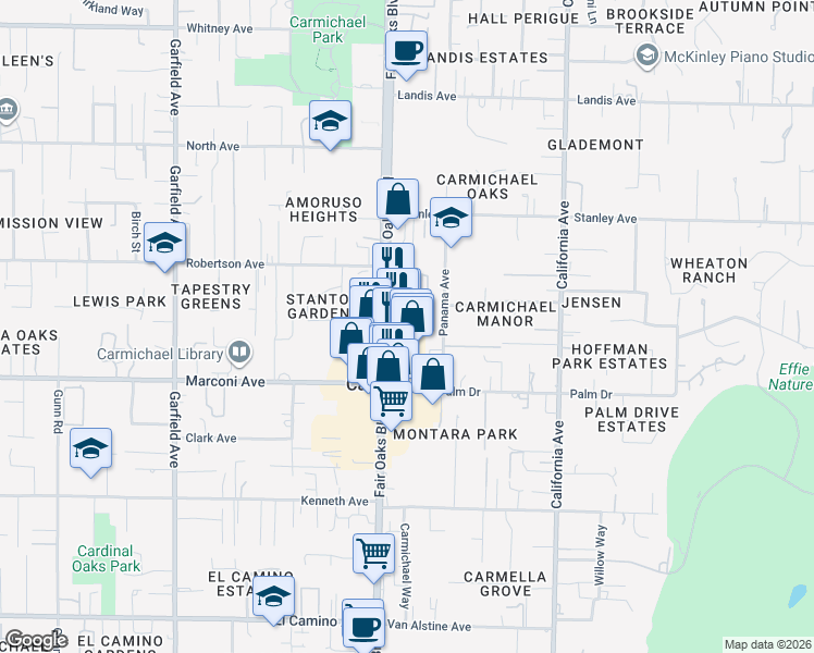 map of restaurants, bars, coffee shops, grocery stores, and more near 6448 Fair Oaks Boulevard in Carmichael