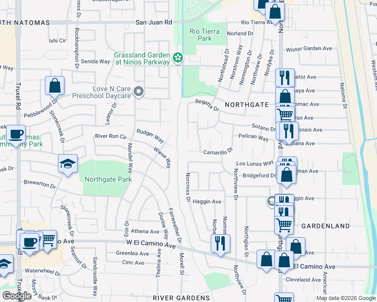 map of restaurants, bars, coffee shops, grocery stores, and more near 2549 Camarillo Drive in Sacramento