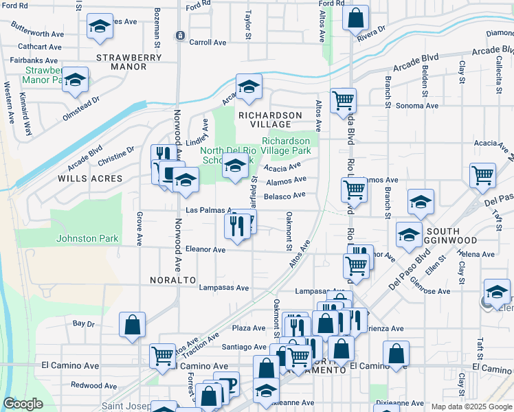 map of restaurants, bars, coffee shops, grocery stores, and more near 601 Las Palmas Avenue in Sacramento