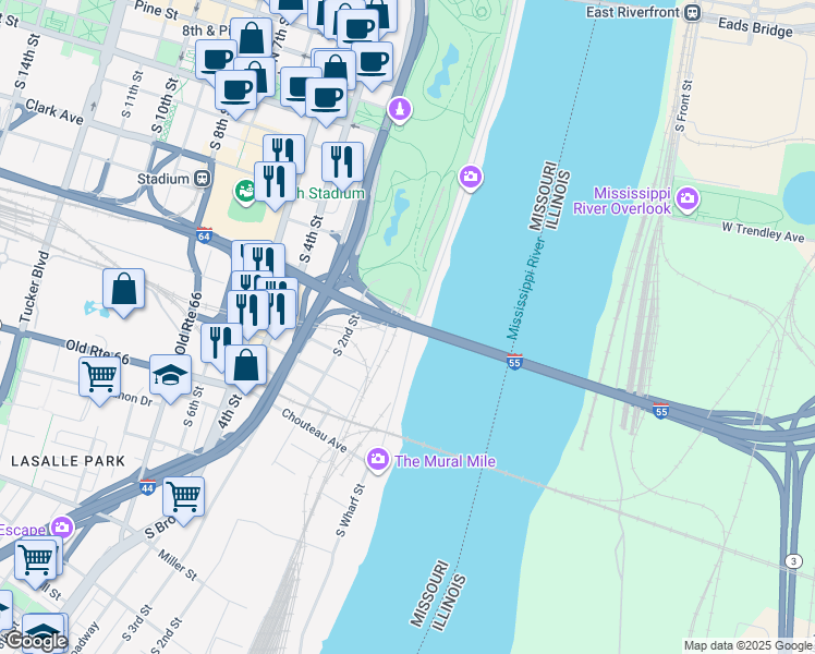 map of restaurants, bars, coffee shops, grocery stores, and more near Interstate 55 in St. Louis