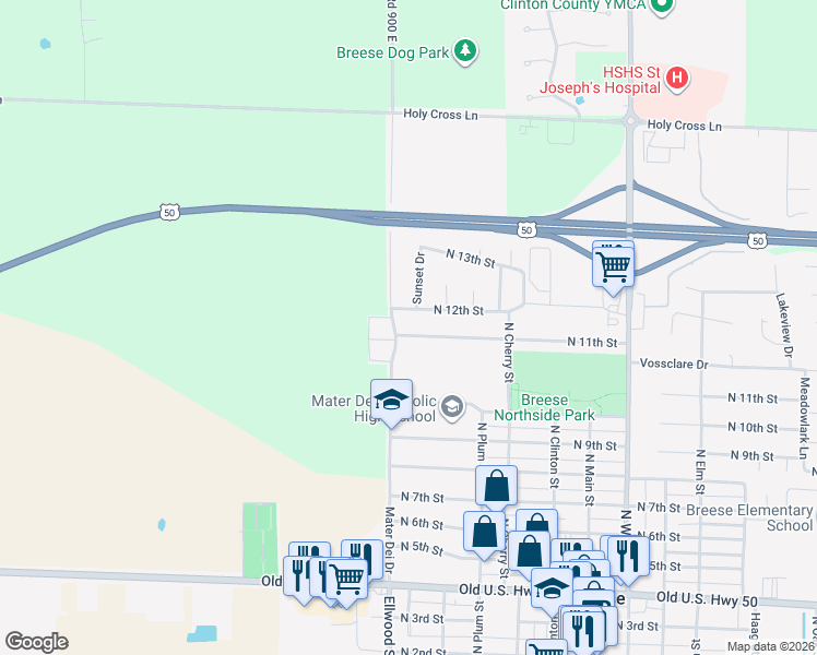 map of restaurants, bars, coffee shops, grocery stores, and more near 11 North 11th Street in Breese