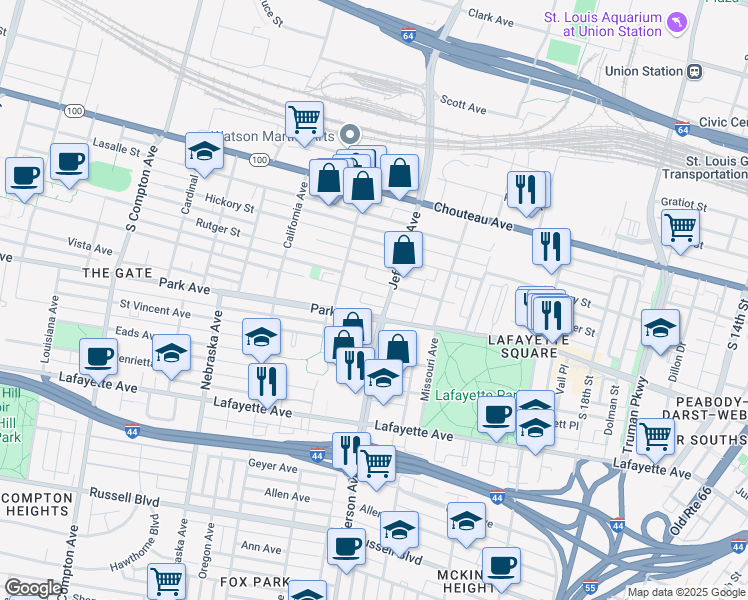 map of restaurants, bars, coffee shops, grocery stores, and more near 2610 Caroline Street in St. Louis