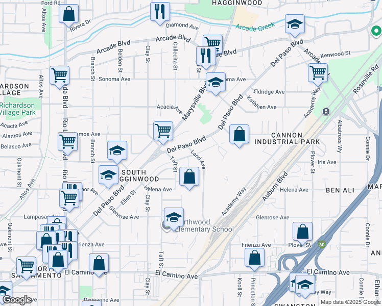 map of restaurants, bars, coffee shops, grocery stores, and more near 2933 Land Avenue in Sacramento