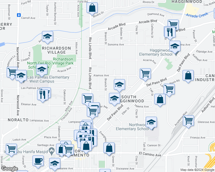 map of restaurants, bars, coffee shops, grocery stores, and more near 2830 Branch Street in Sacramento