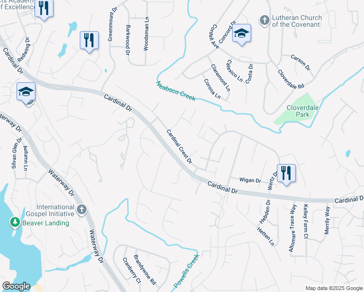 map of restaurants, bars, coffee shops, grocery stores, and more near 4044 Cardinal Crest Drive in Woodbridge