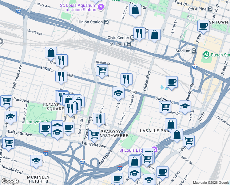 map of restaurants, bars, coffee shops, grocery stores, and more near 1022 Saint Ange Avenue in St. Louis