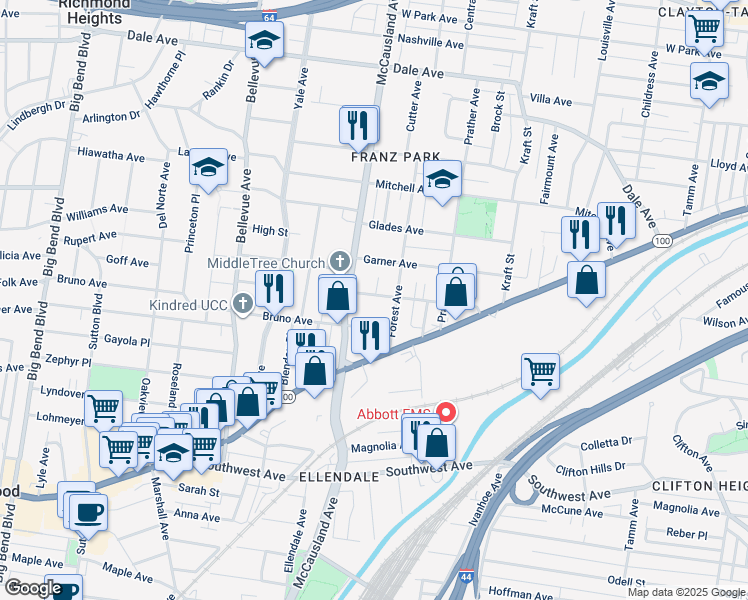 map of restaurants, bars, coffee shops, grocery stores, and more near 6922 Waldemar Avenue in St. Louis