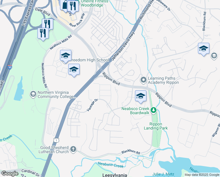 map of restaurants, bars, coffee shops, grocery stores, and more near 2200 William Harris Way in Woodbridge