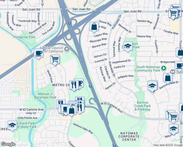 map of restaurants, bars, coffee shops, grocery stores, and more near 14 Ciervo Ct in Sacramento