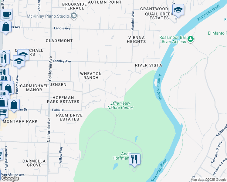 map of restaurants, bars, coffee shops, grocery stores, and more near 3006 Scenic Heights Way in Carmichael