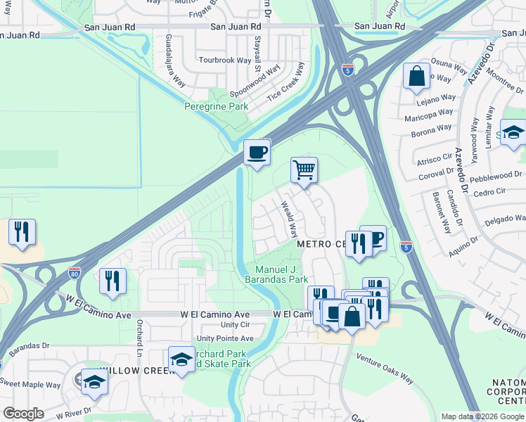 map of restaurants, bars, coffee shops, grocery stores, and more near 2857 Roseau Way in Sacramento
