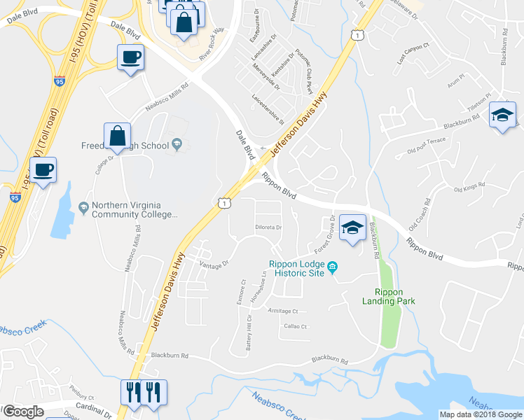 map of restaurants, bars, coffee shops, grocery stores, and more near 2228 William Harris Way in Woodbridge