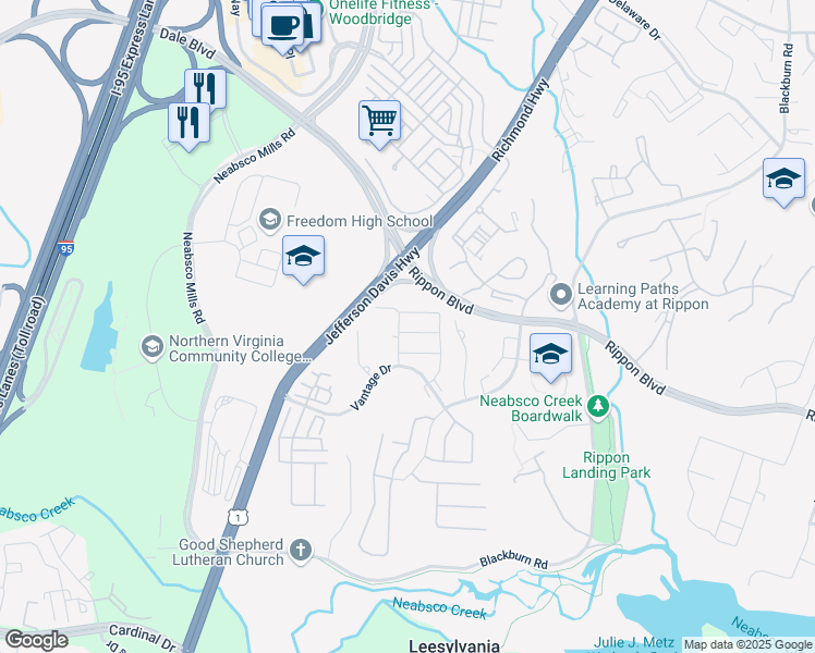 map of restaurants, bars, coffee shops, grocery stores, and more near 2230 William Harris Way in Woodbridge