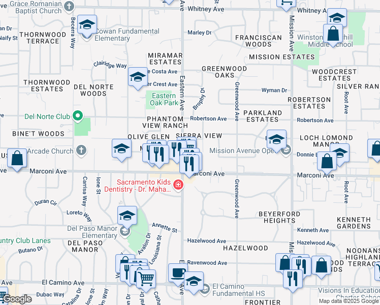 map of restaurants, bars, coffee shops, grocery stores, and more near 2940 Eastern Avenue in Sacramento