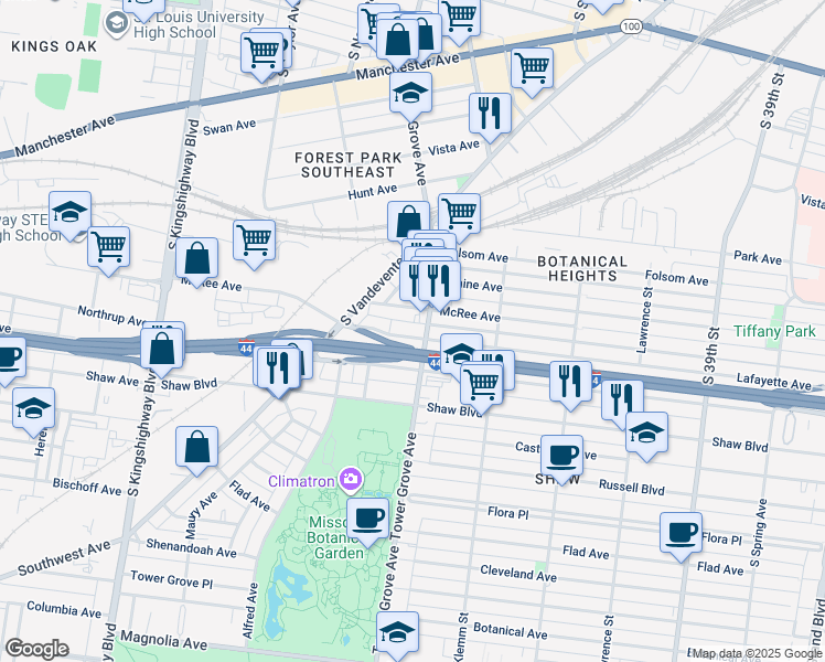map of restaurants, bars, coffee shops, grocery stores, and more near 4311 Lafayette Avenue in St. Louis